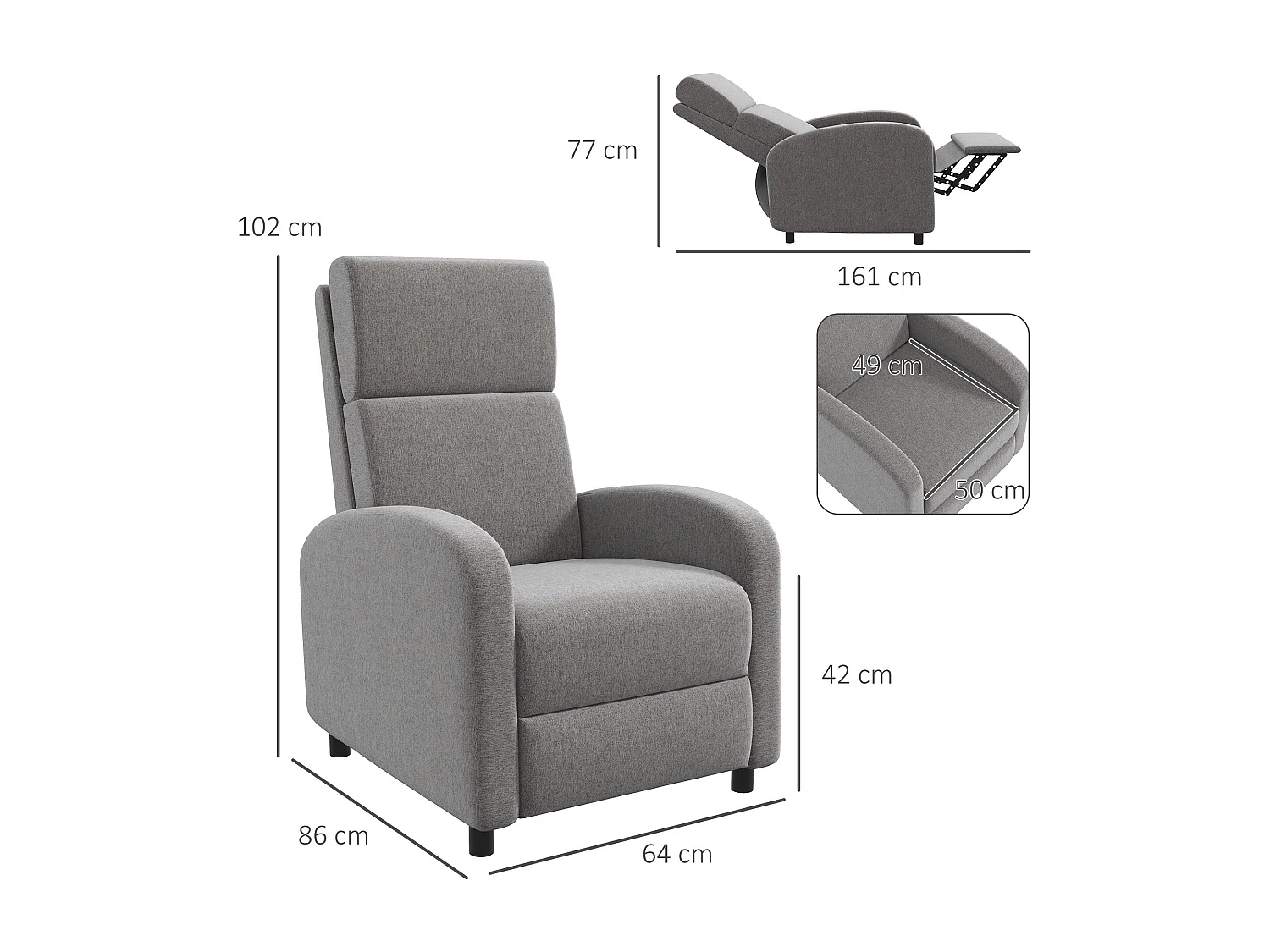 Fauteuil de relaxation inclinable réglable repose-pied tissu gris