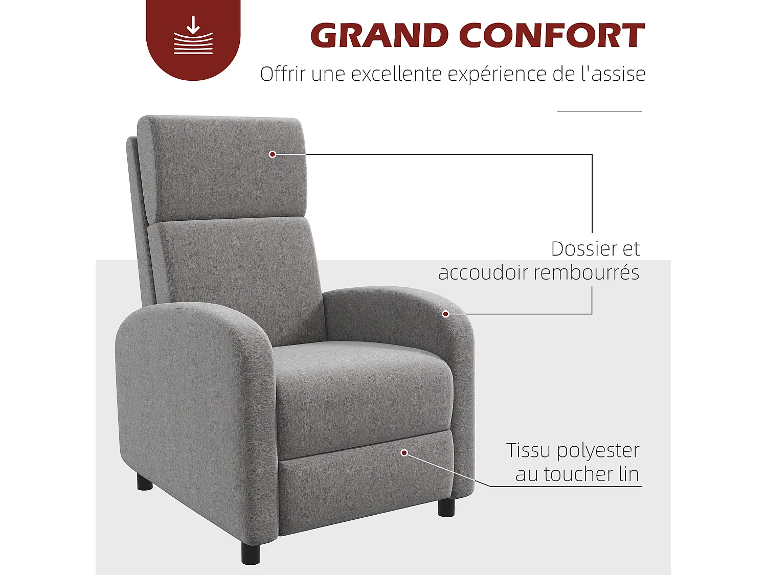 Fauteuil de relaxation inclinable réglable repose-pied tissu gris