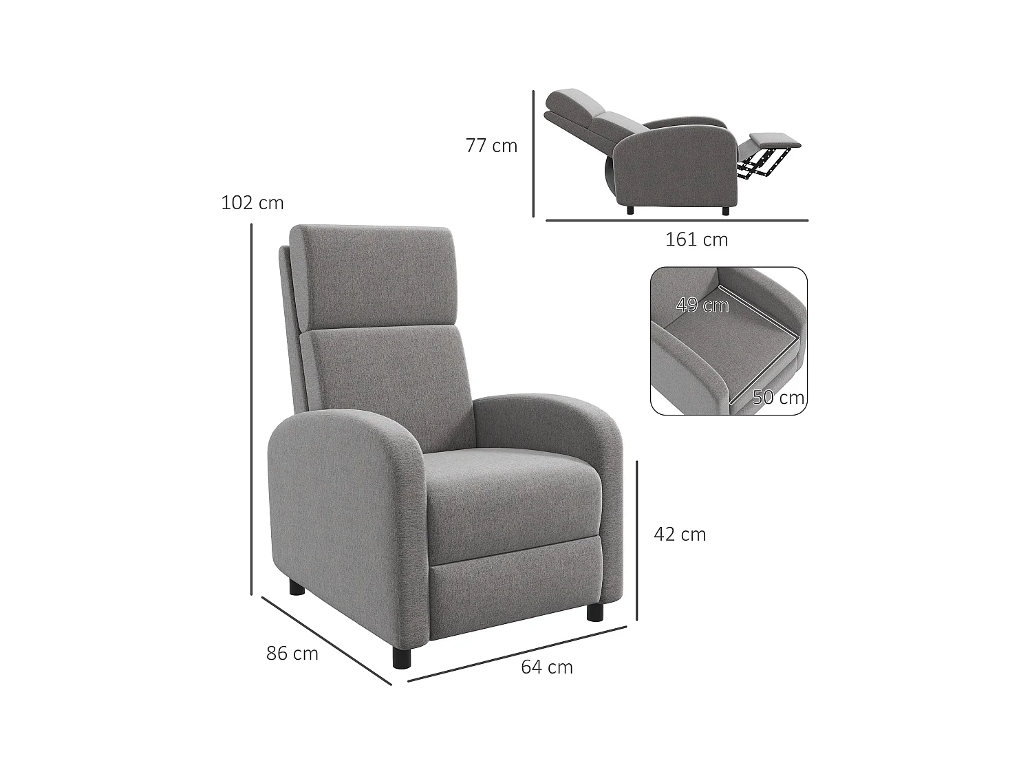 Fauteuil de relaxation inclinable réglable repose-pied tissu gris