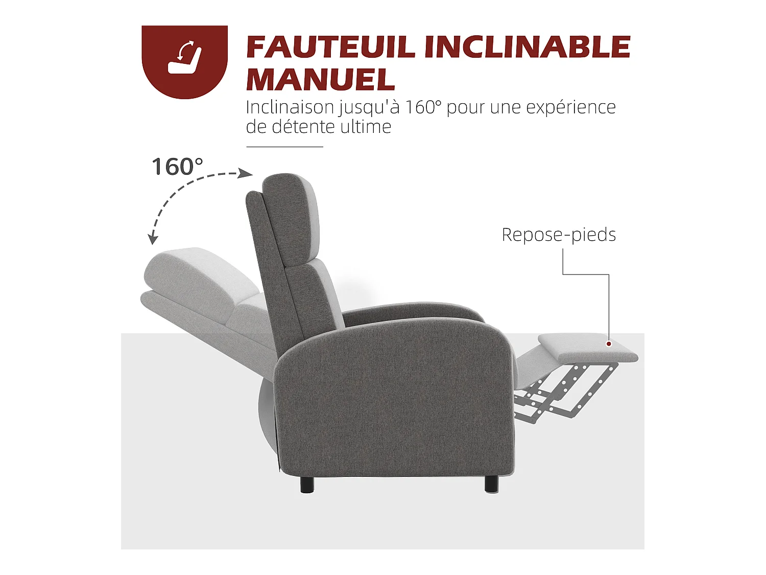 Fauteuil de relaxation inclinable réglable repose-pied tissu gris