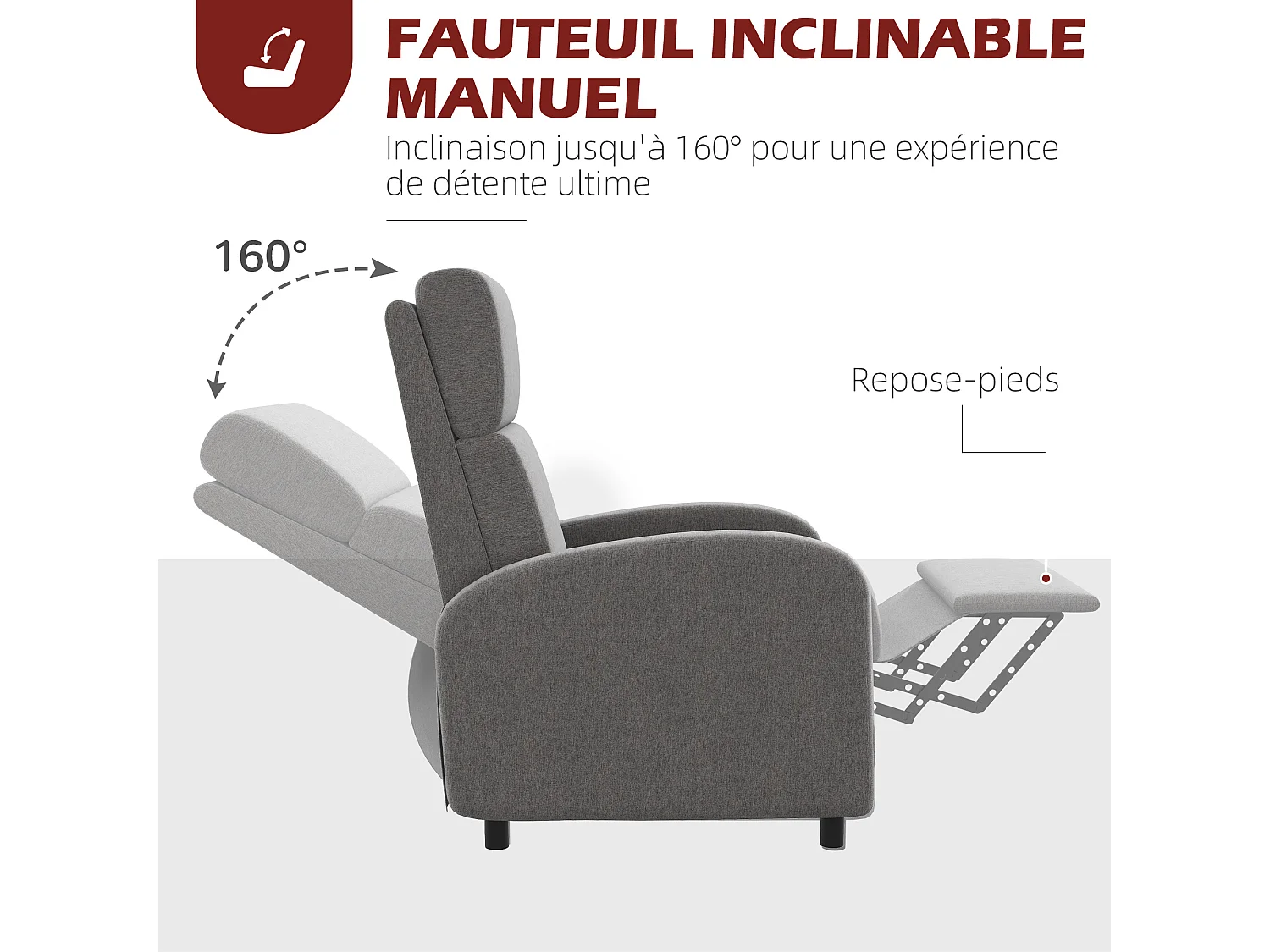 Fauteuil de relaxation inclinable réglable repose-pied tissu gris