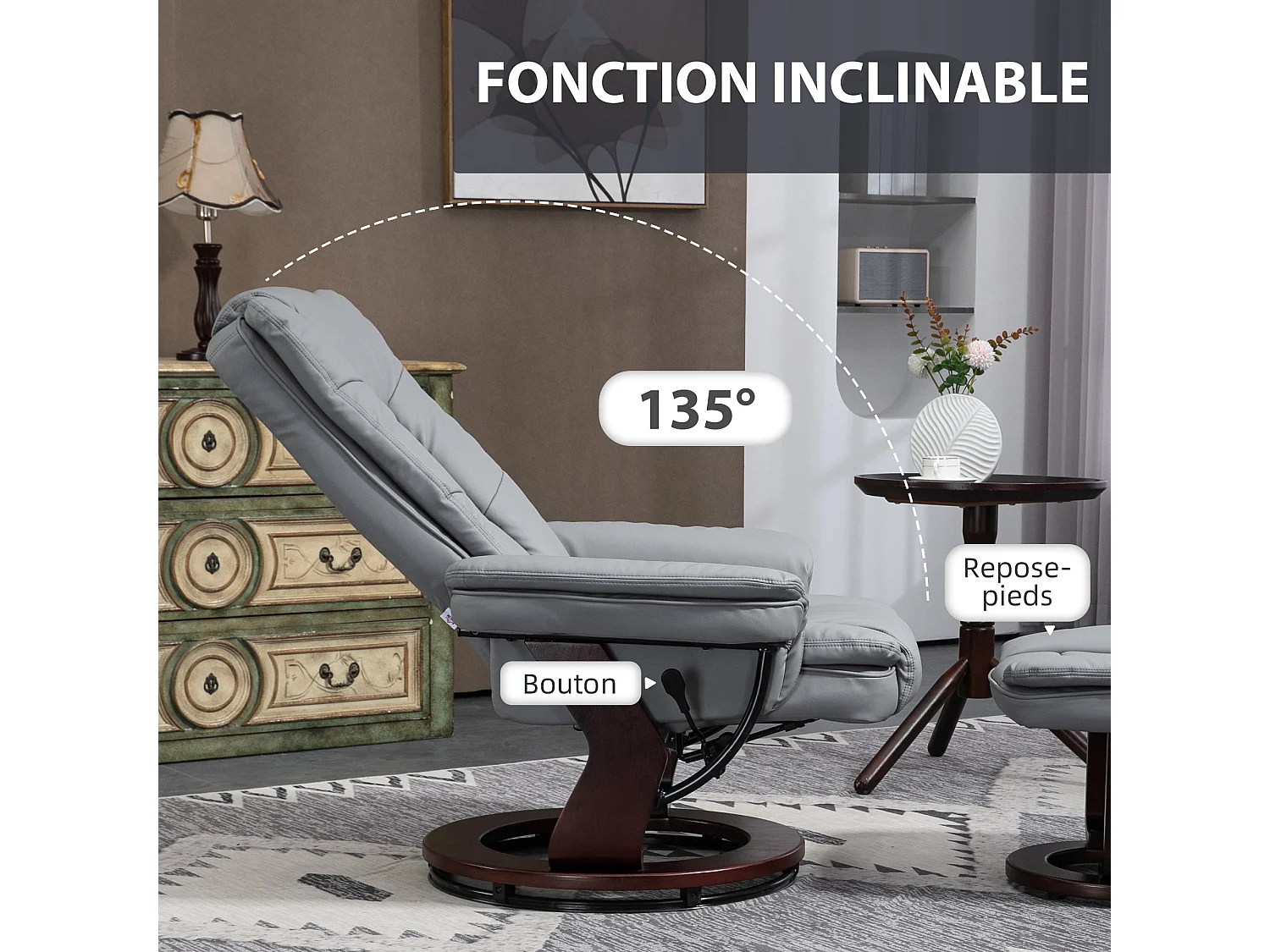 Fauteuil de relaxation inclinable pivotant avec repose-pied PU gris