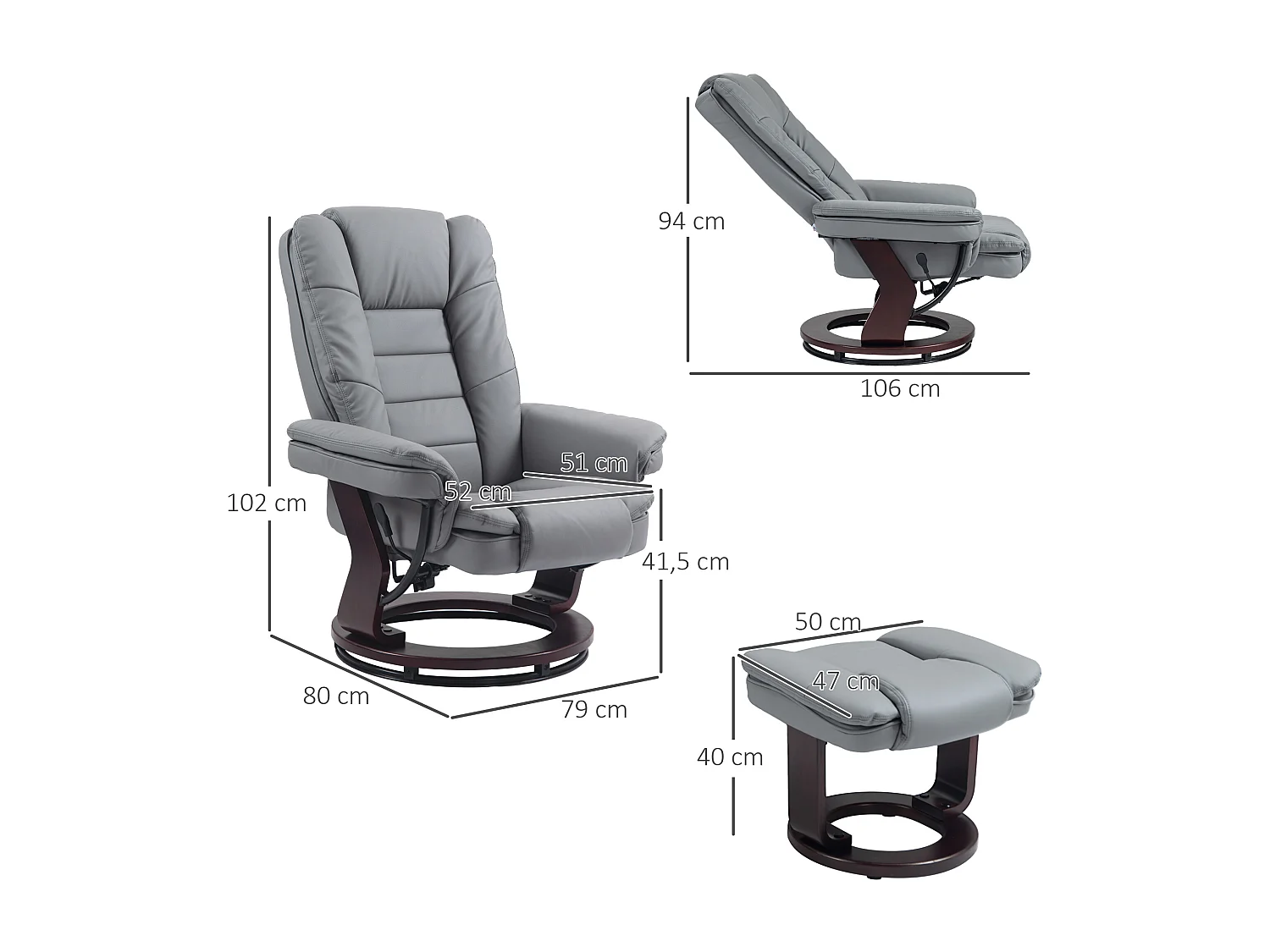 Fauteuil de relaxation inclinable pivotant avec repose-pied PU gris