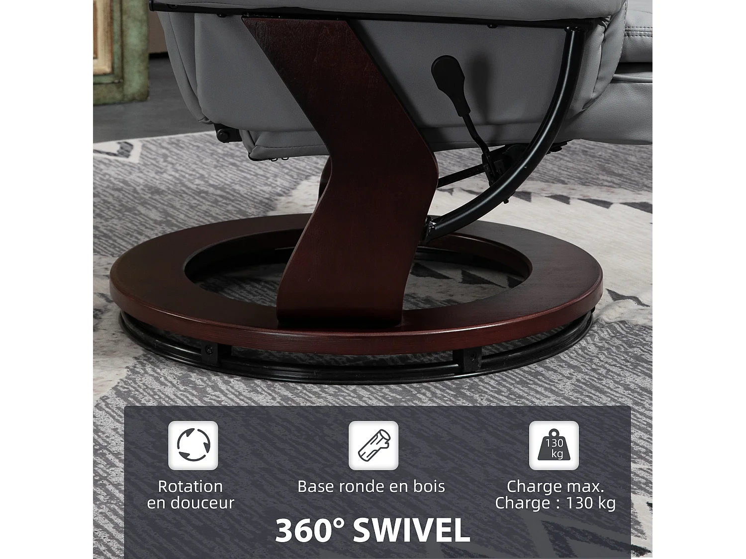 Fauteuil de relaxation inclinable pivotant avec repose-pied PU gris