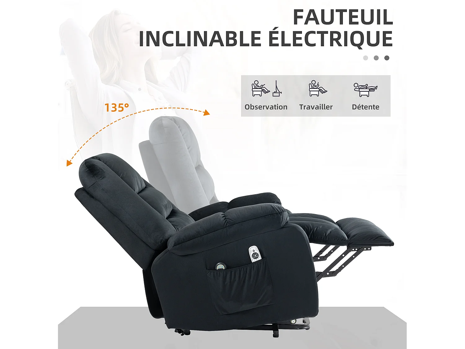 Fauteuil de massage releveur - 8 points de massage, fonction chauffante - 2 télécommandes - velours noir