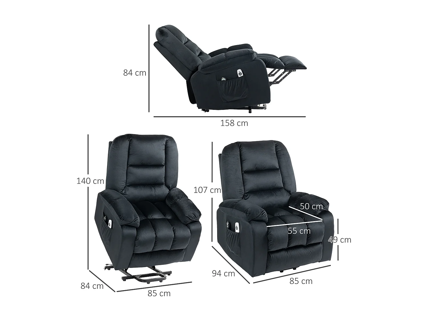 Fauteuil de massage releveur - 8 points de massage, fonction chauffante - 2 télécommandes - velours noir