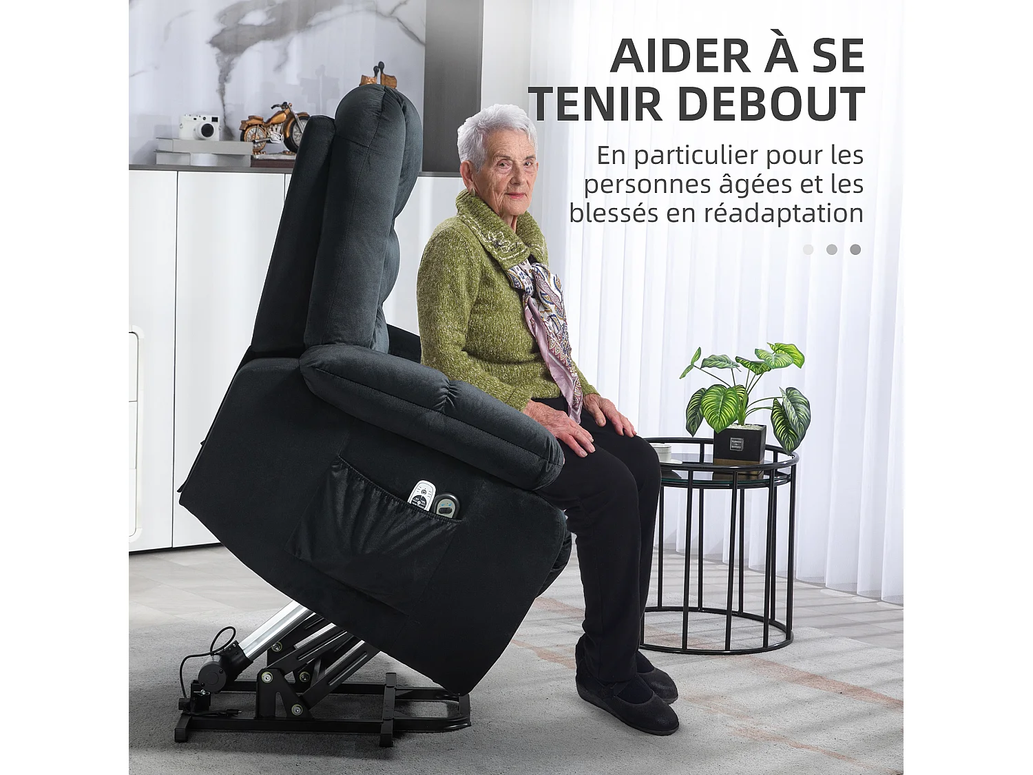 Fauteuil de massage releveur - 8 points de massage, fonction chauffante - 2 télécommandes - velours noir