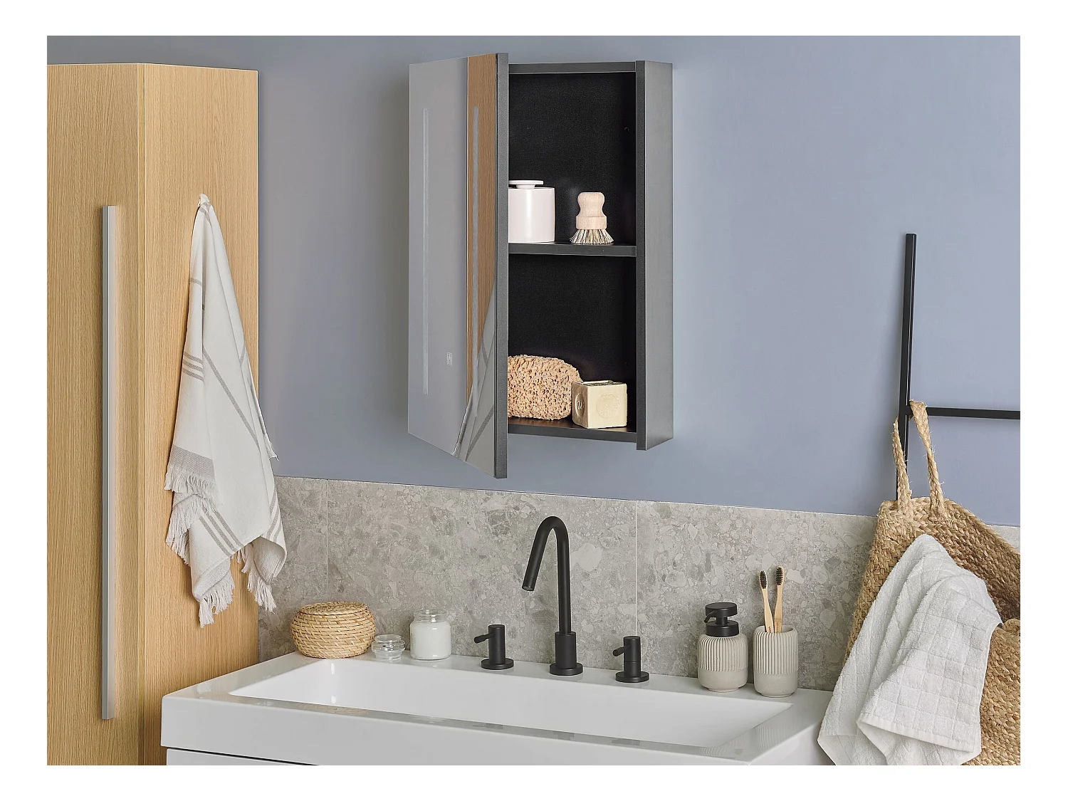 Moderner Bad-Spiegelschrank 40x60 cm 1 türig mit LED Beleuchtung schwarz Cameron