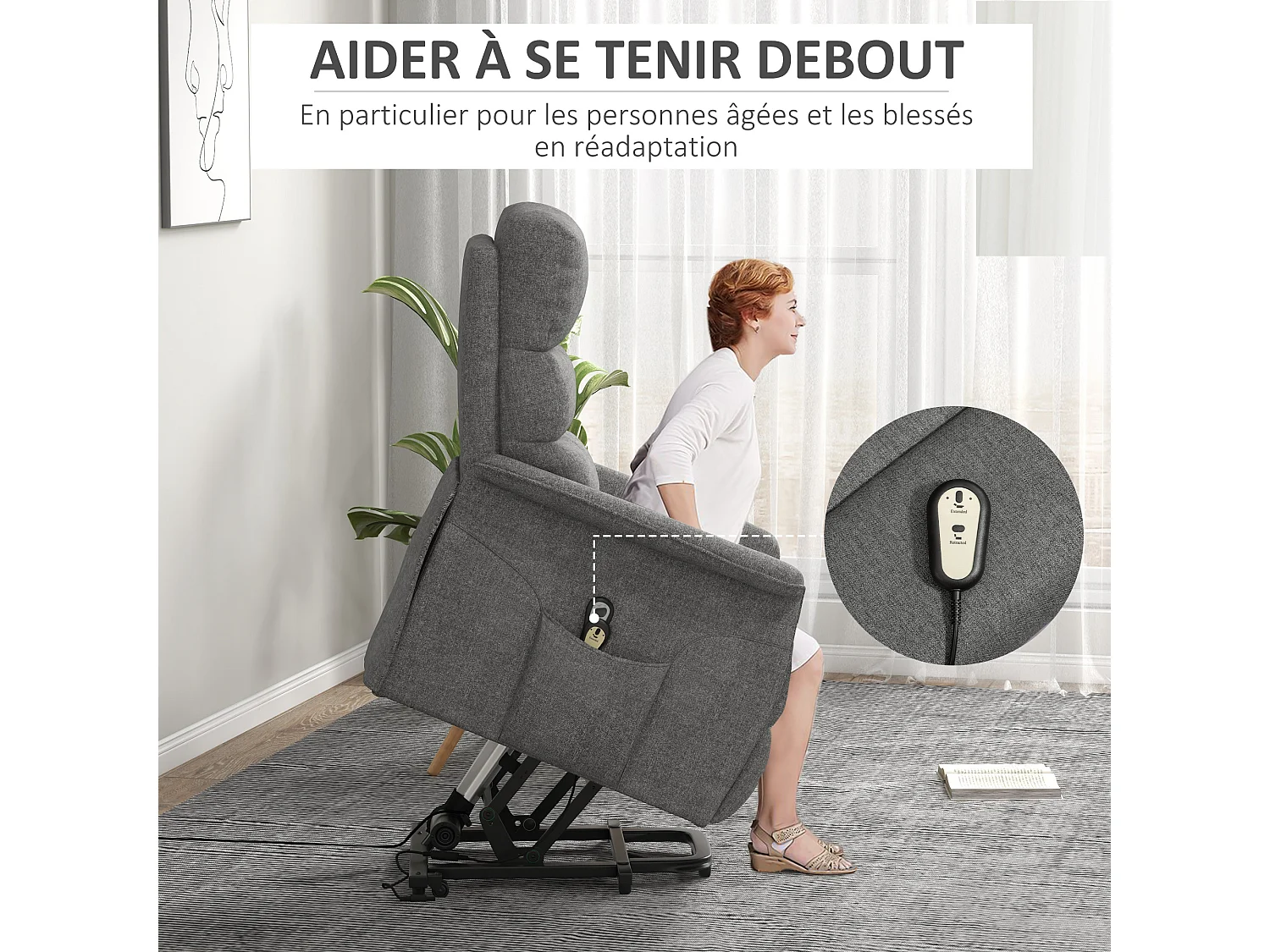 Fauteuil de relaxation électrique télécommande - fauteuil releveur inclinable, repose-pied ajustable - tissu polyester aspect lin gris chiné
