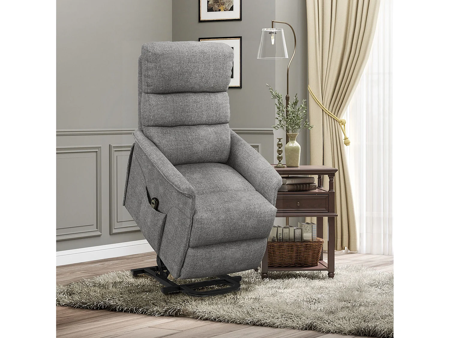 Fauteuil de relaxation électrique télécommande - fauteuil releveur inclinable, repose-pied ajustable - tissu polyester aspect lin gris chiné