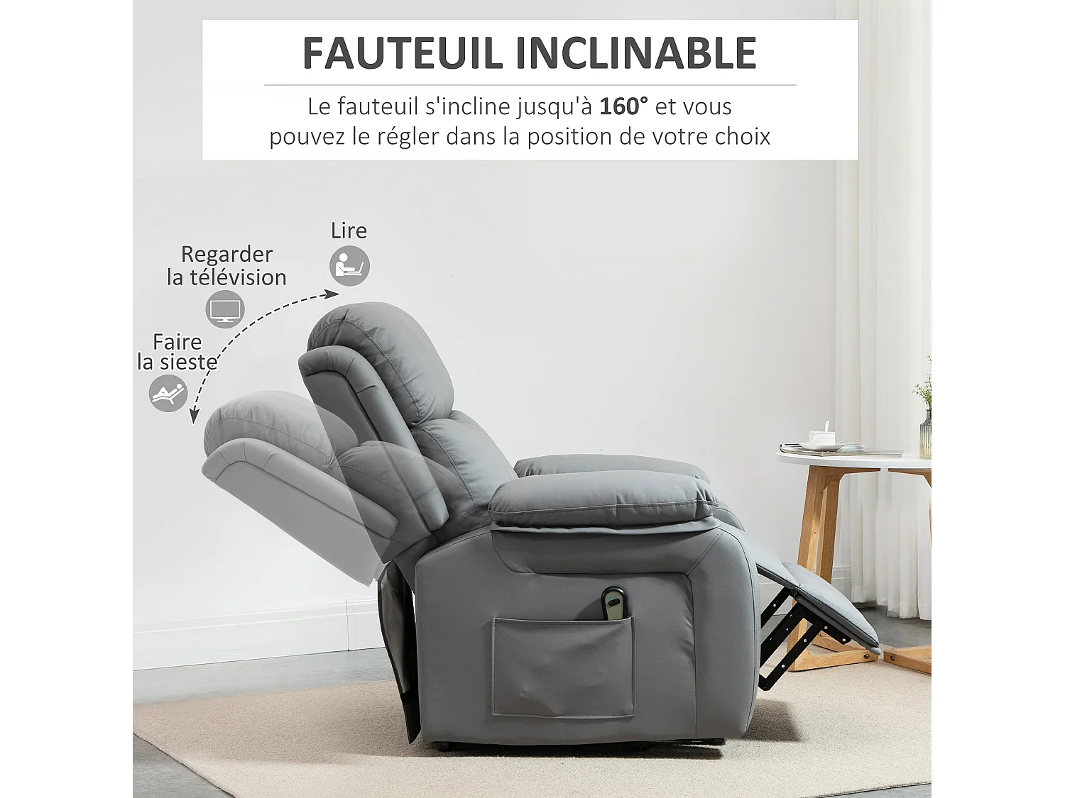 Fauteuil de relaxation électrique fauteuil releveur inclinable repose-pied ajustable revêtement synthétique gris