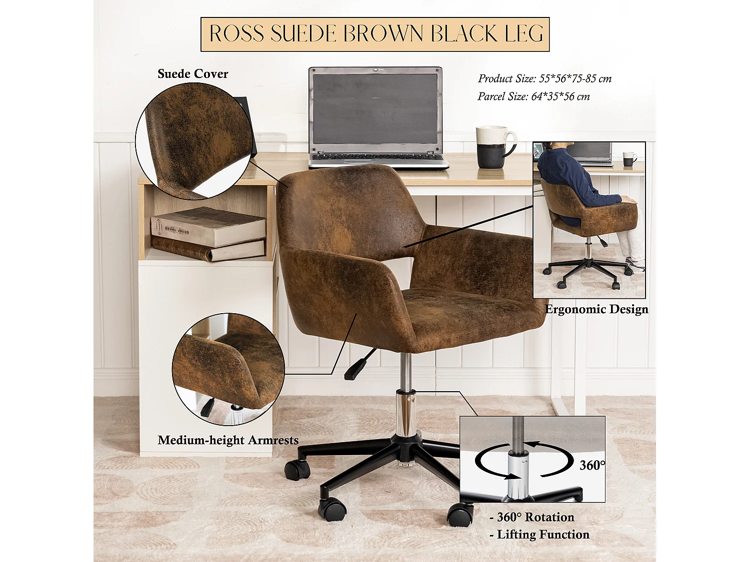 URBAN MEUBLE Chaise de bureau rétro-daim-hauteur réglable-avec roulettes-convient au coin bureau, chambre à coucher-marron