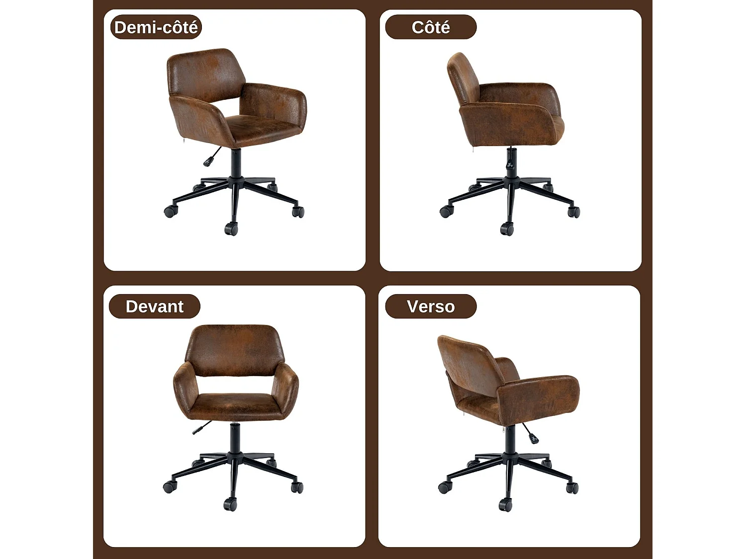 URBAN MEUBLE Chaise de bureau rétro-daim-hauteur réglable-avec roulettes-convient au coin bureau, chambre à coucher-marron