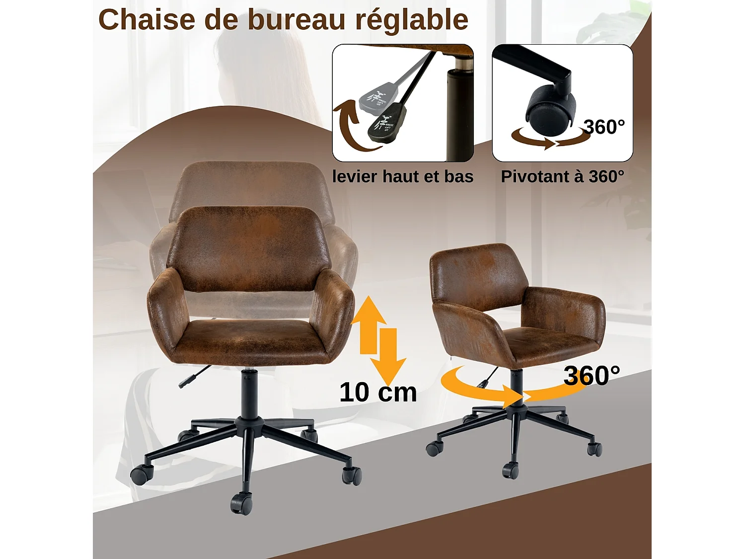 URBAN MEUBLE Chaise de bureau rétro-daim-hauteur réglable-avec roulettes-convient au coin bureau, chambre à coucher-marron