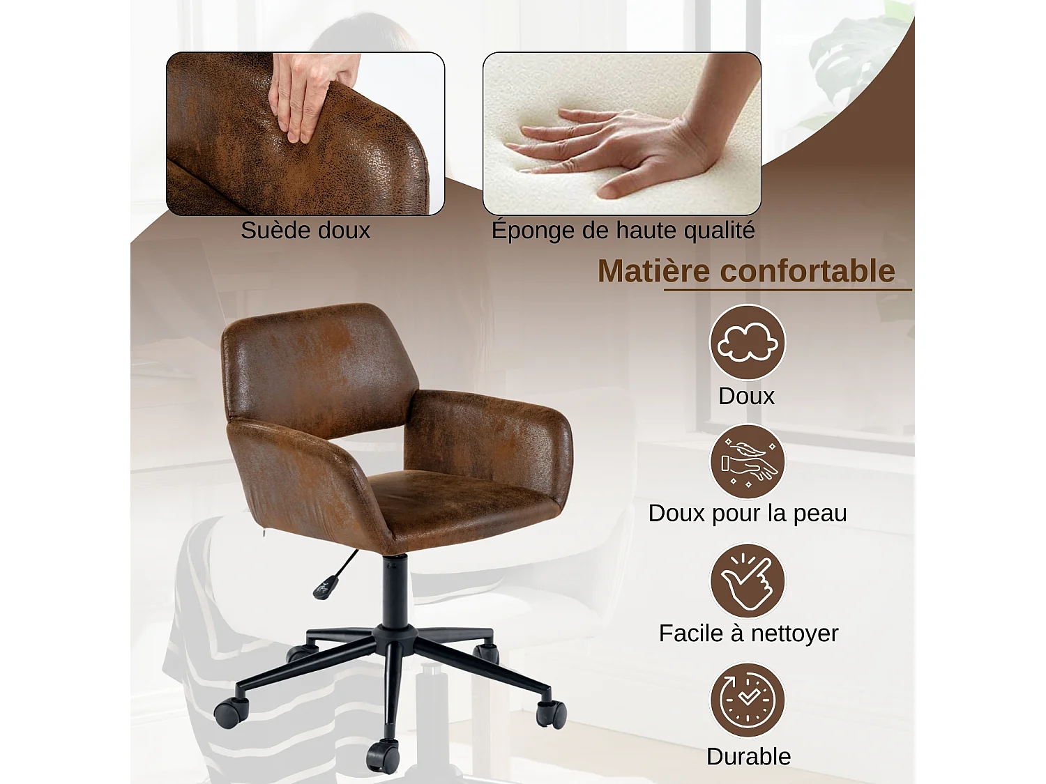 URBAN MEUBLE Chaise de bureau rétro-daim-hauteur réglable-avec roulettes-convient au coin bureau, chambre à coucher-marron