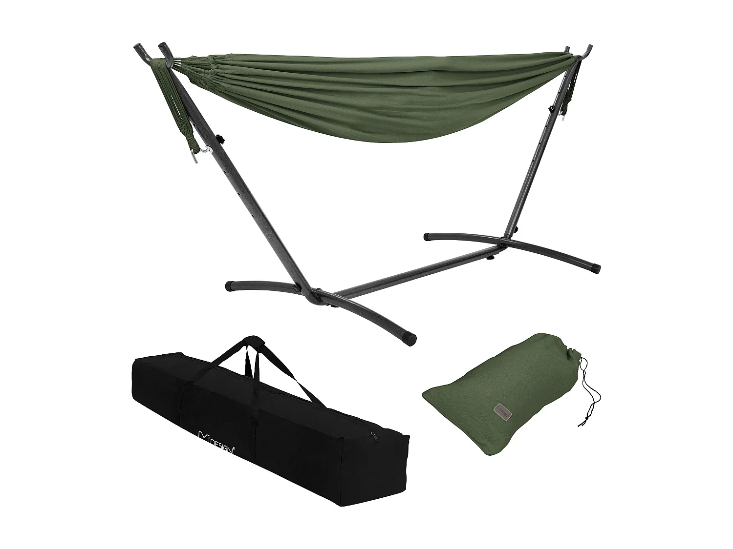 Hamac XXL kaki avec sac de transport et support réglable en acier pour jardin