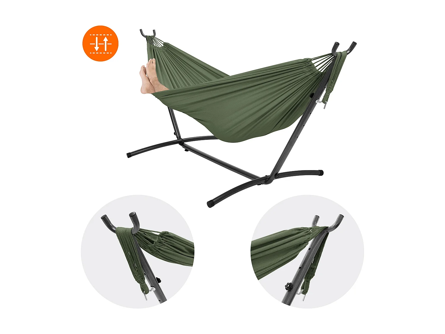 Hamac XXL kaki avec sac de transport et support réglable en acier pour jardin