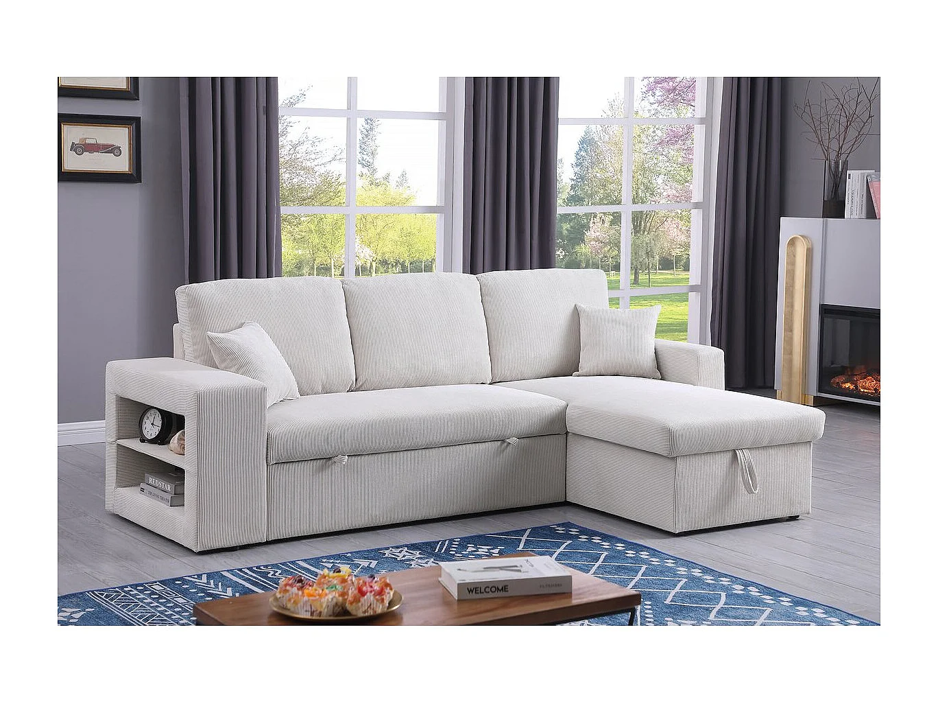 Sofá esquinero convertible/reversible de pana "Axel" - 3 plazas - Beige