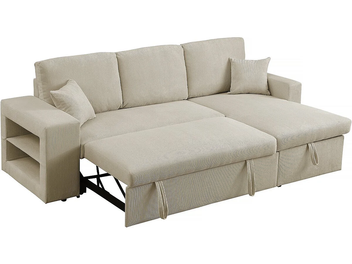 Hoekbank slaapbank meubel opbergruimte links of rechts velours ribfluweel bank "Axel" - 3 zits - Beige - lichtbruin