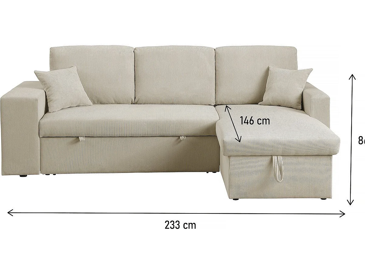 Hoekbank slaapbank meubel opbergruimte links of rechts velours ribfluweel bank "Axel" - 3 zits - Beige - lichtbruin