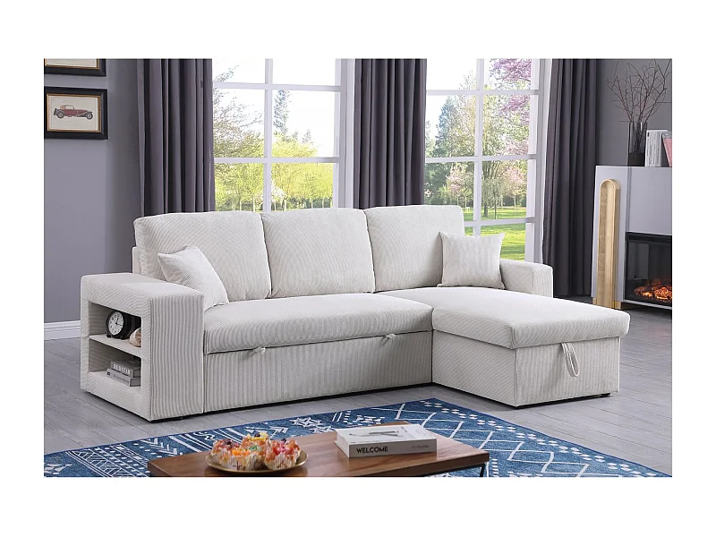 Hoekbank slaapbank meubel opbergruimte links of rechts velours ribfluweel bank "Axel" - 3 zits - Beige - lichtbruin