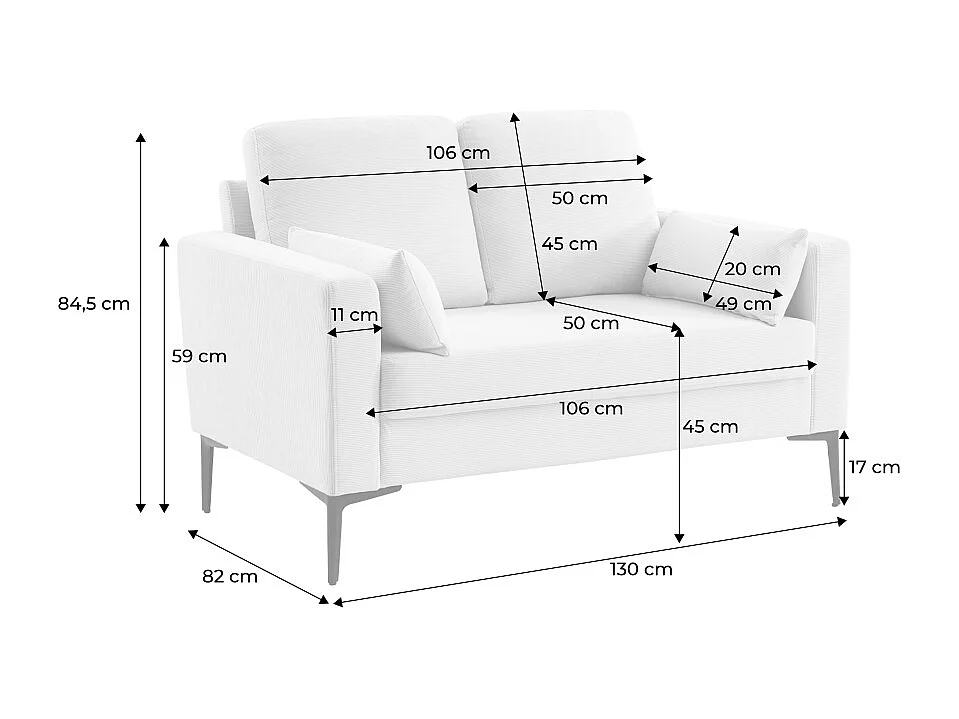 Canapé en velours côtelé grège  - Bjorn - Canapé 2 places fixe droit pieds métal