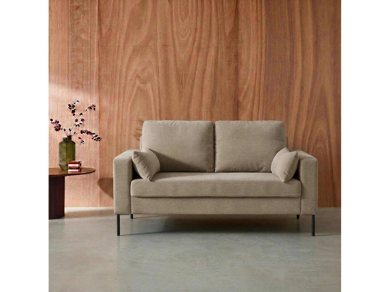 Divano in velluto a coste con gambe in metallo, 2 posti, beige grigio