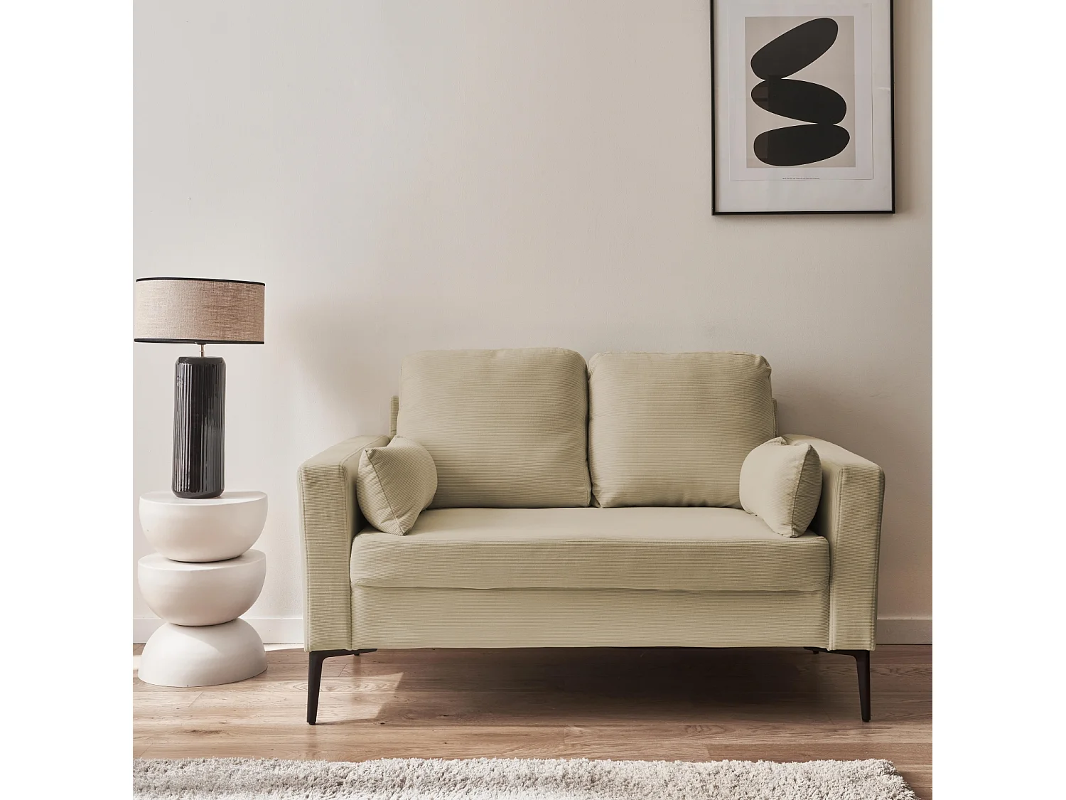 Divano in velluto a coste con gambe in metallo, 2 posti, beige grigio