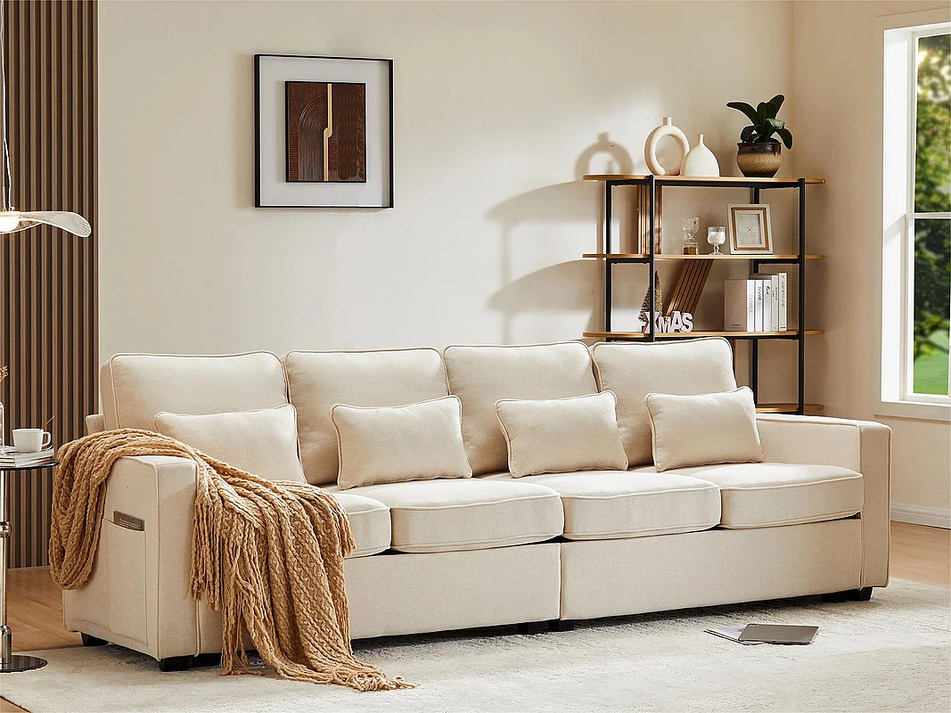 Canapé fixe 4 places en tissu lin - avec poches sur les côtés - Beige