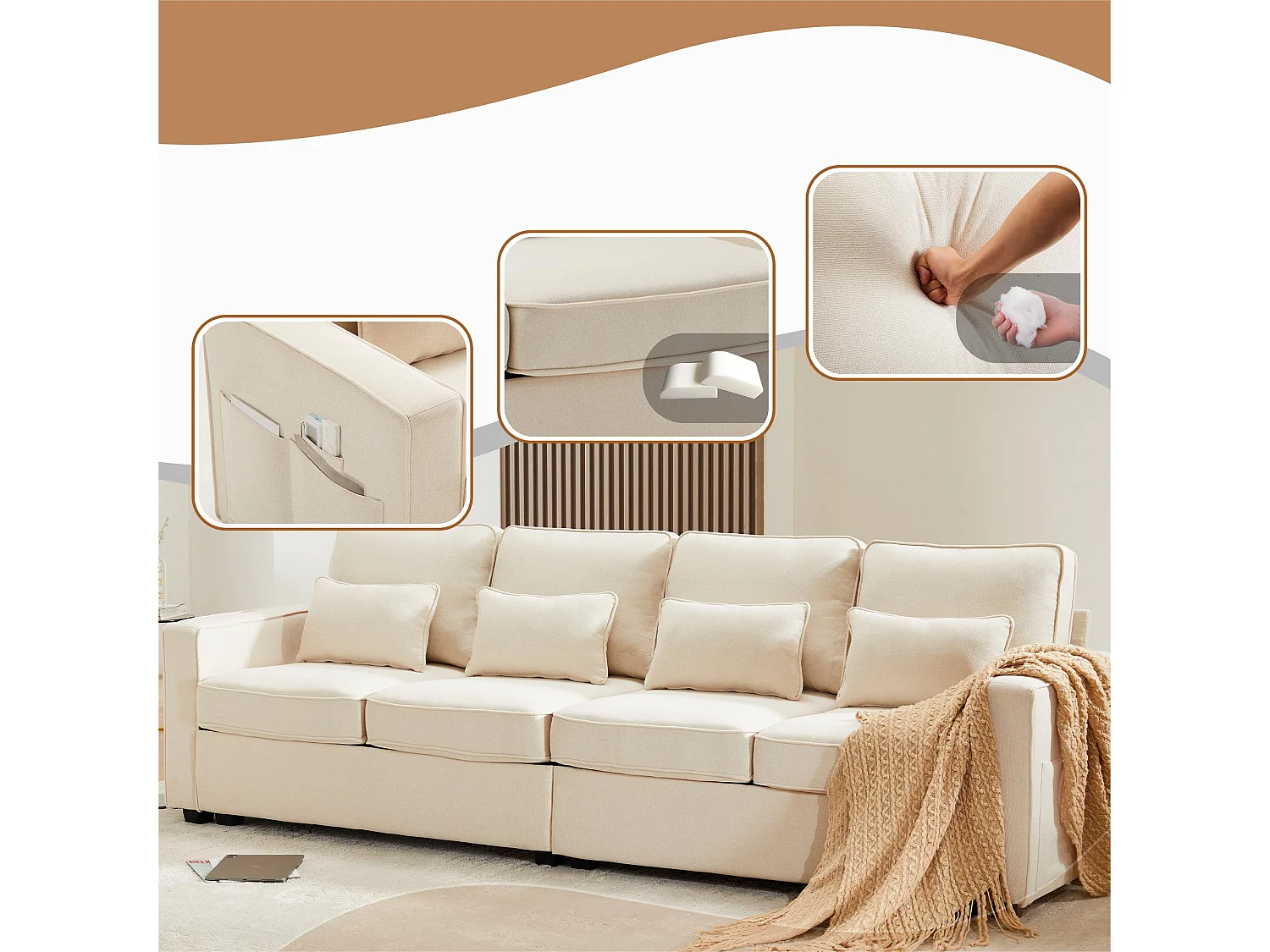 Canapé fixe 4 places en tissu lin - avec poches sur les côtés - Beige