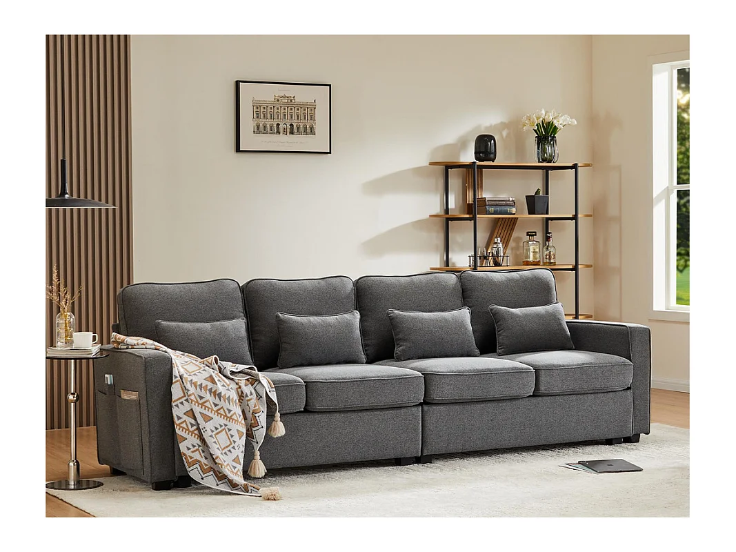 Canapé fixe 4 places en tissu lin - avec poches sur les côtés - Gris
