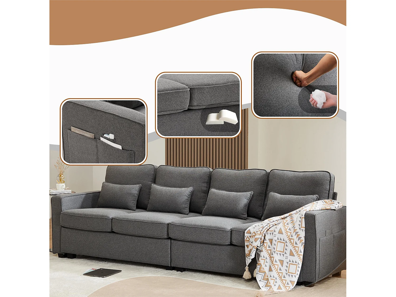 Canapé fixe 4 places en tissu lin - avec poches sur les côtés - Gris