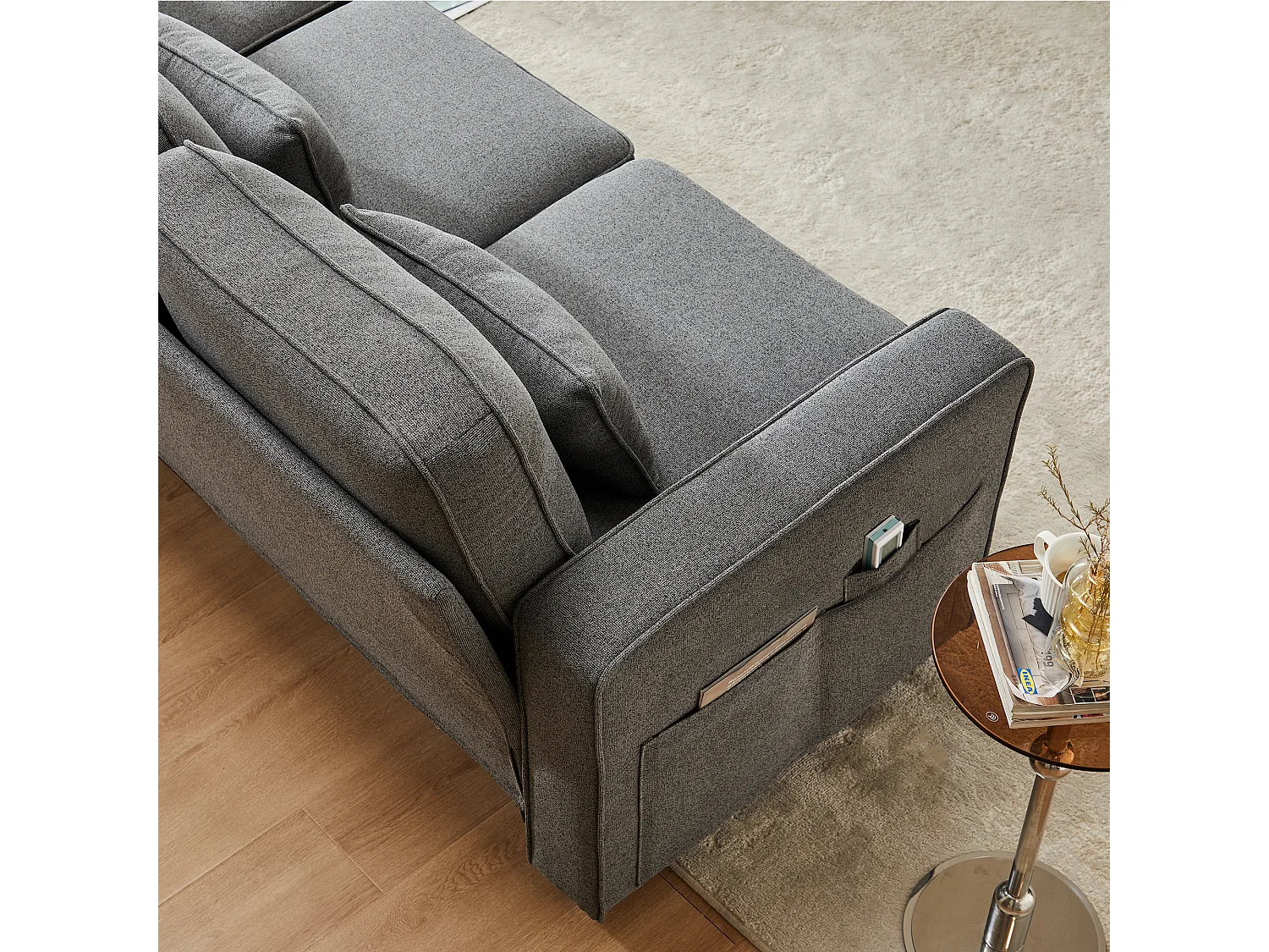 Canapé fixe 4 places en tissu lin - avec poches sur les côtés - Gris