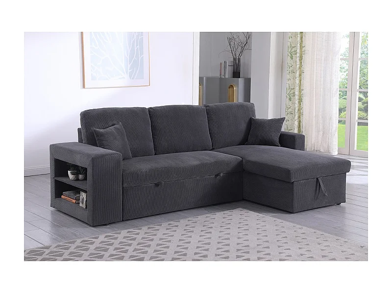Hoekbank slaapbank meubel opbergruimte links of rechts velours ribfluweel bank "Axel" - 3 zits - Grijs
