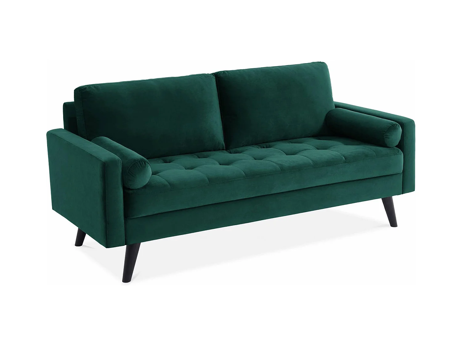 Canapé en velours vert anglais. 3 places scandinave fixe. droit. pieds bois noir
