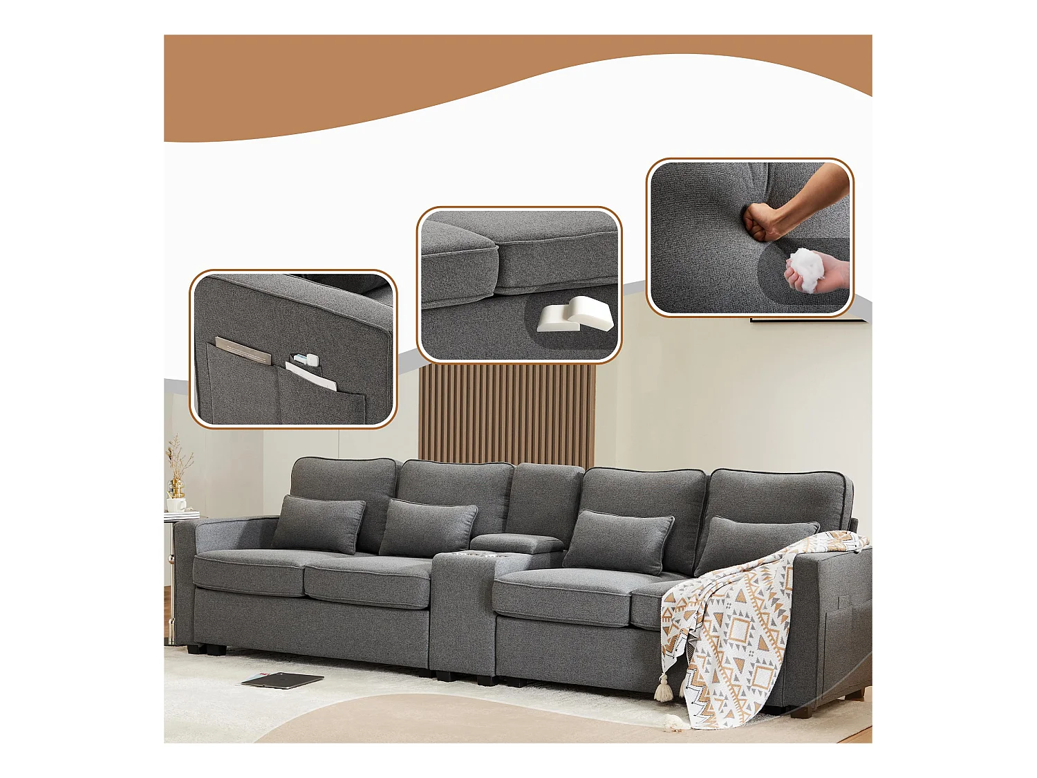 Divano moderno a 4 posti in tessuto di lino - con porte USB e 2 portabicchieri - Grigio