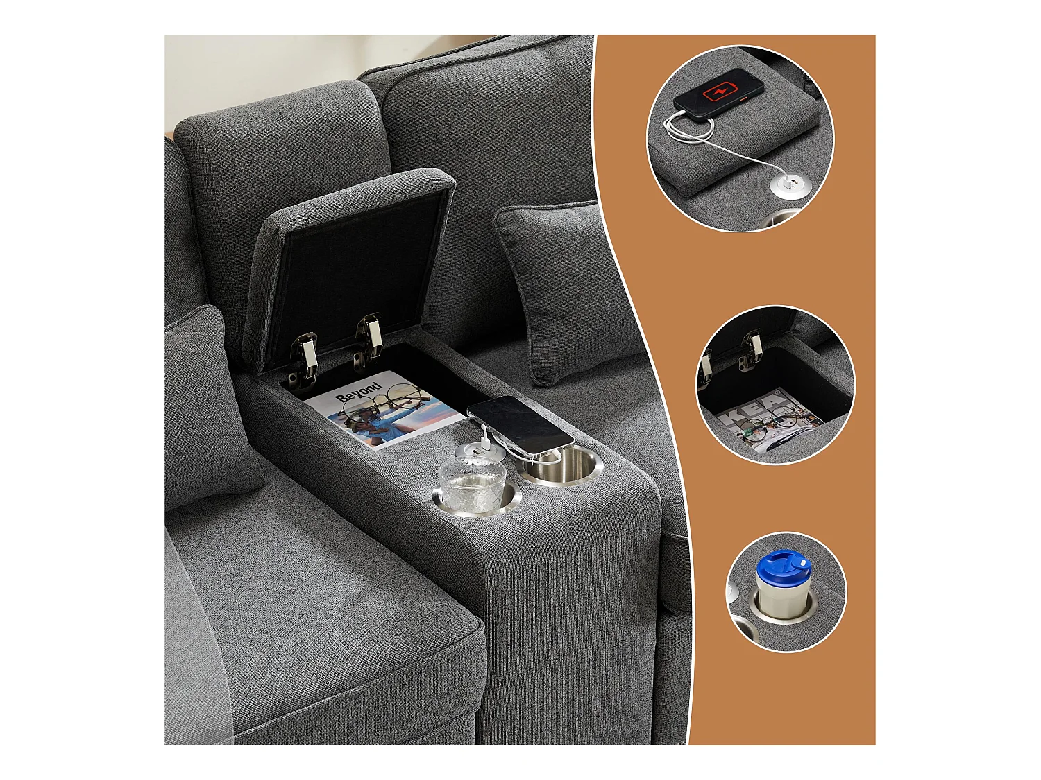 Divano moderno a 4 posti in tessuto di lino - con porte USB e 2 portabicchieri - Grigio