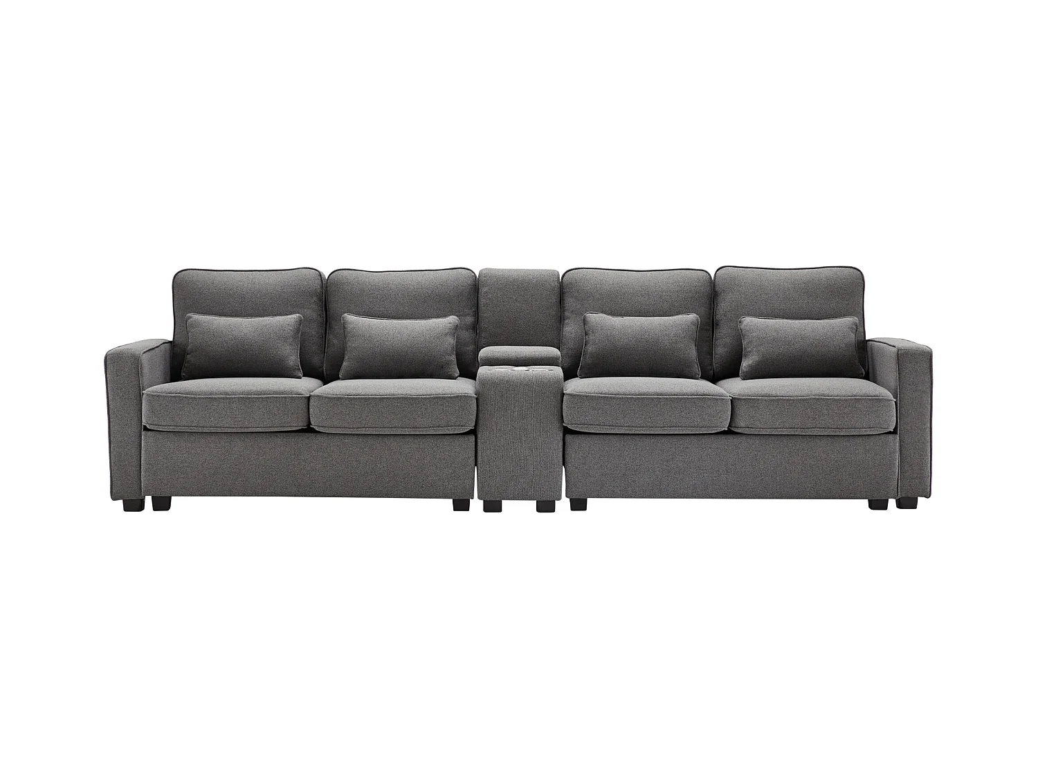 Divano moderno a 4 posti in tessuto di lino - con porte USB e 2 portabicchieri - Grigio