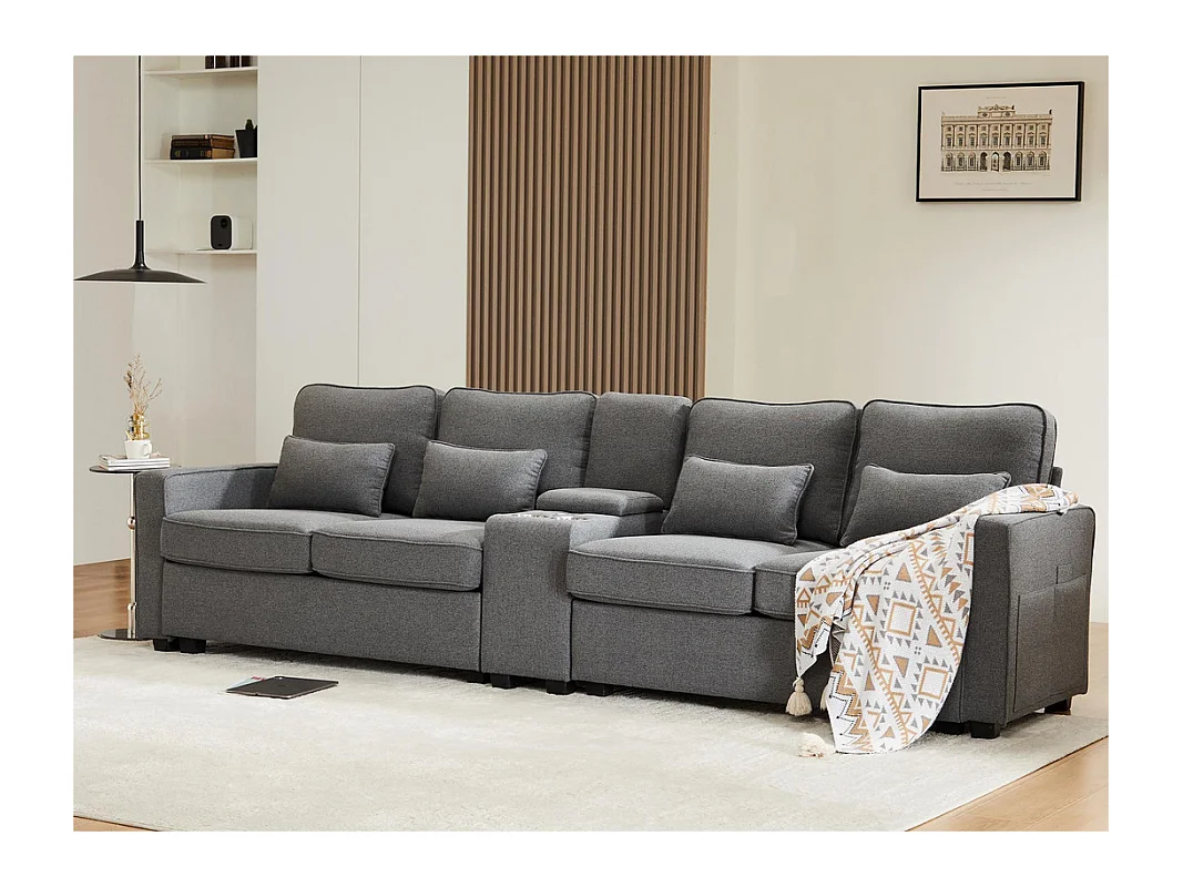 Canapé moderne 4 places en tissu lin - avec ports USB et 2 porte-gobelets - Gris