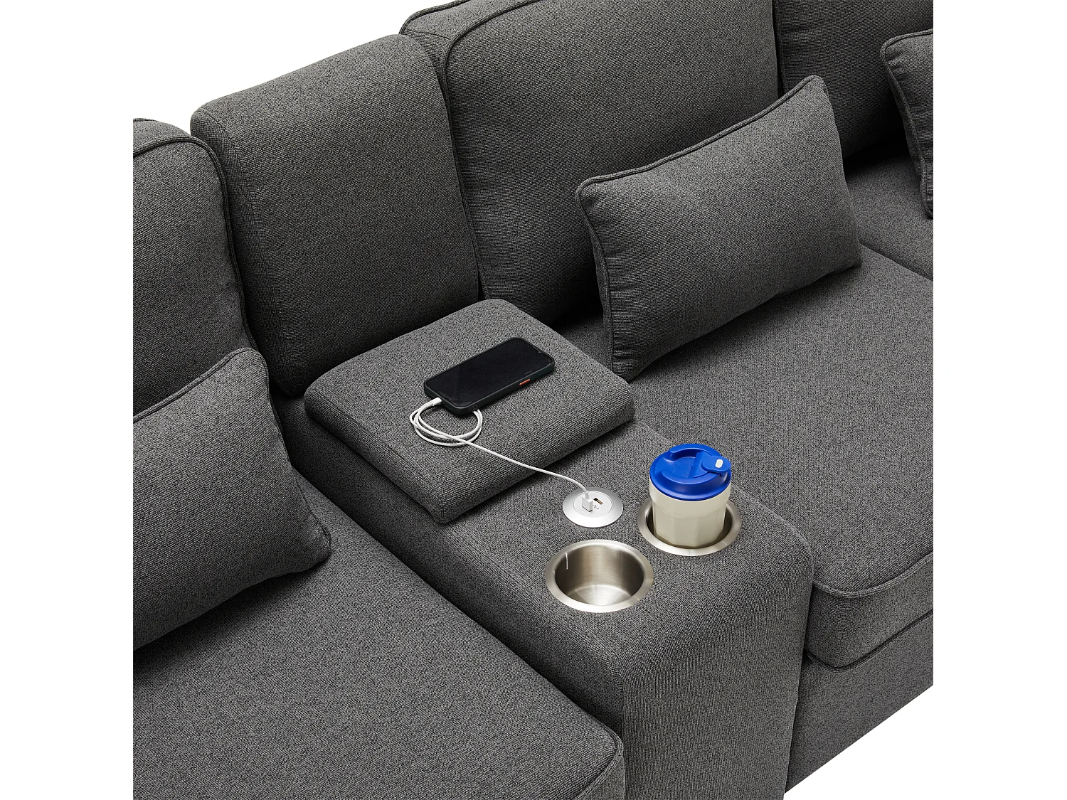 Sofá moderno de 4 plazas en tejido de lino - con puertos USB y 2 portavasos - Gris