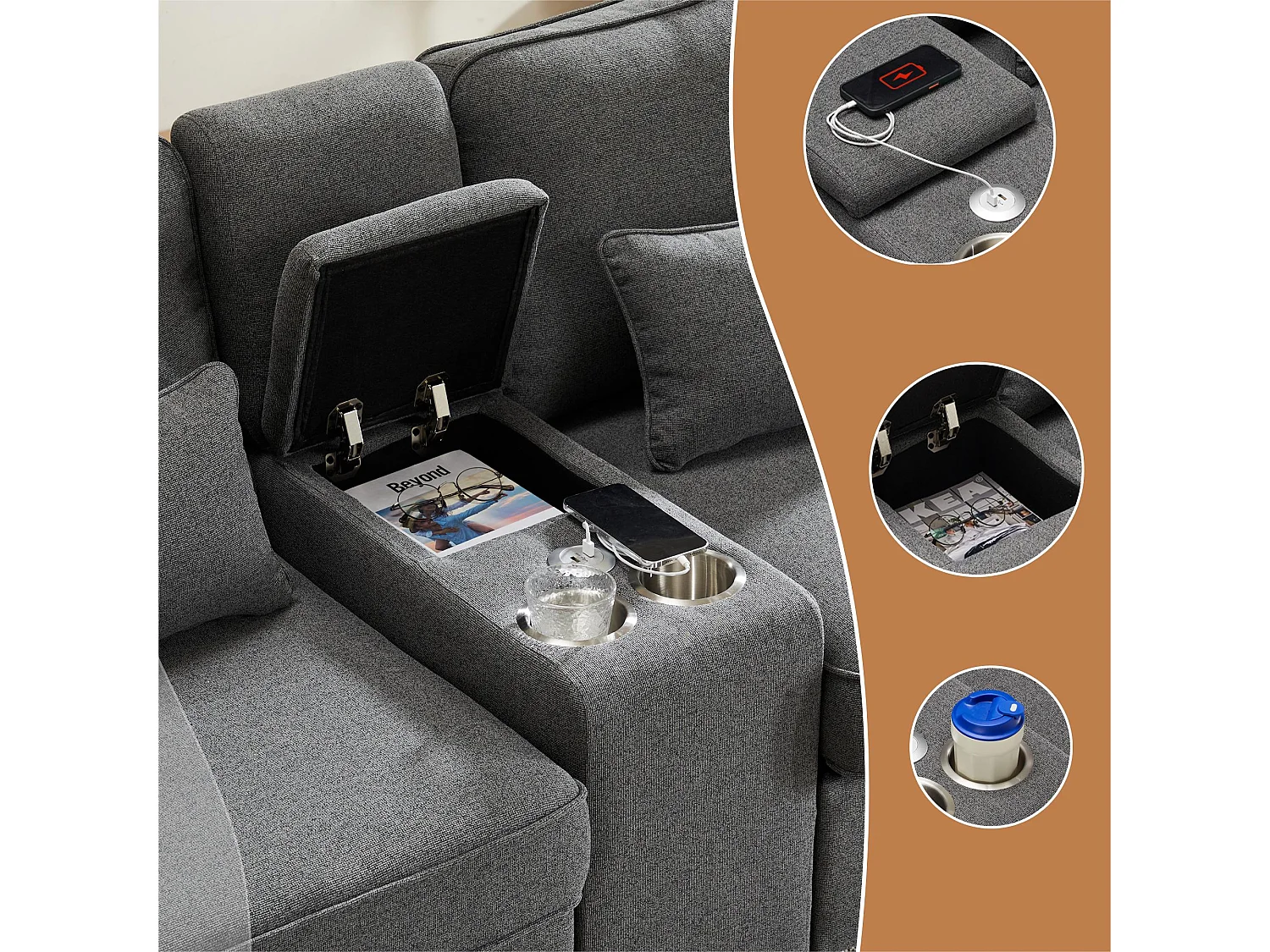 Canapé moderne 4 places en tissu lin - avec ports USB et 2 porte-gobelets - Gris