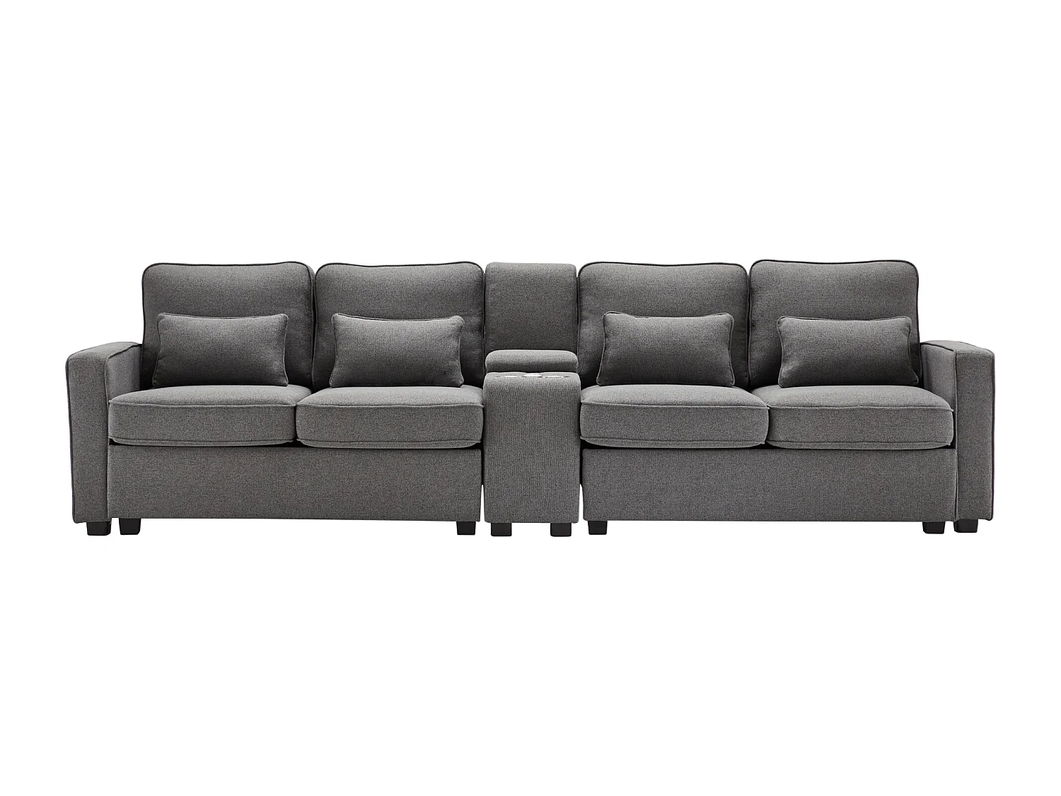 Canapé moderne 4 places en tissu lin - avec ports USB et 2 porte-gobelets - Gris