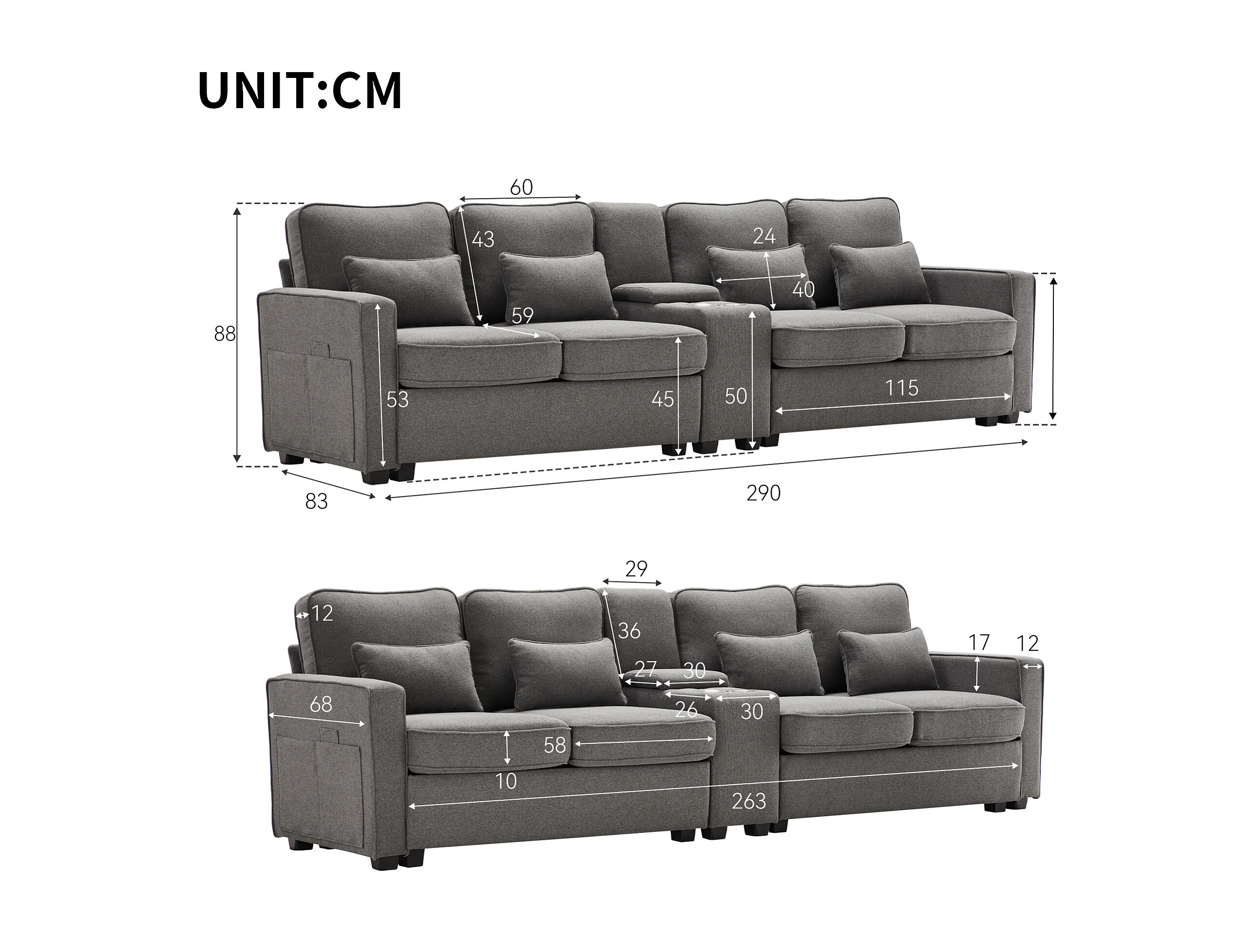 Canapé D'angle 4 Places Avec Ottomane – 202 X 137 X 80 Cm – Tissu Lin, Ports USB Et Type-C, Porte-gobelets – Gris