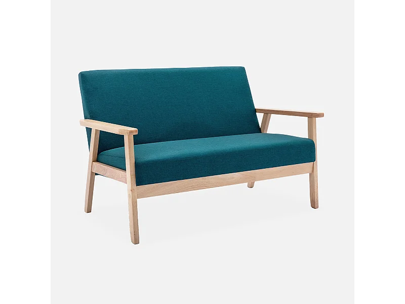 Sofá o banco con tela y patas de madera, 2 plazas azul