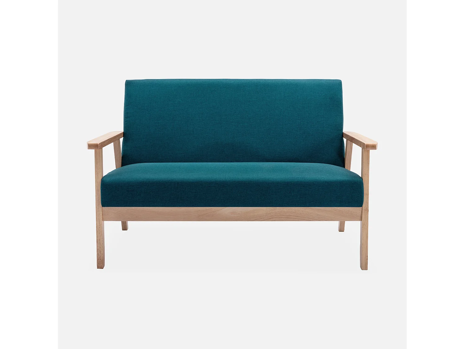 Banquette canapé en bois et tissu bleu pétrole. Isak. L 114 x P 69.5 x H 73cm
