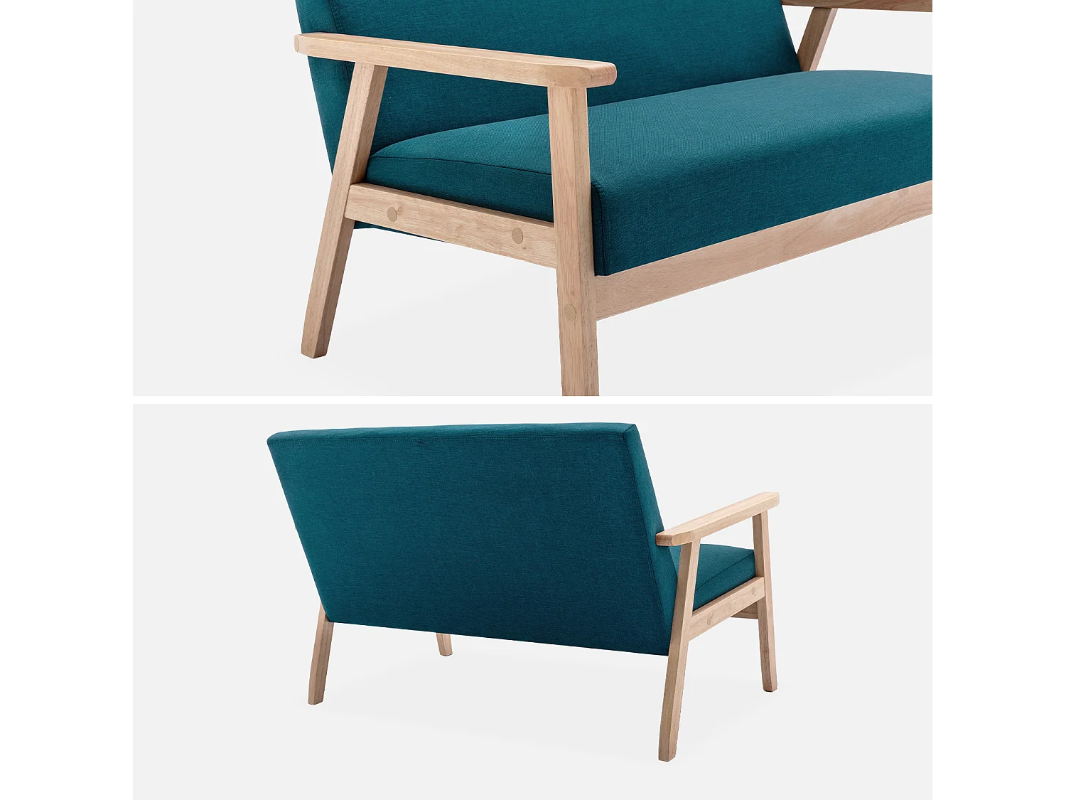 Banquette canapé en bois et tissu bleu pétrole. Isak. L 114 x P 69.5 x H 73cm