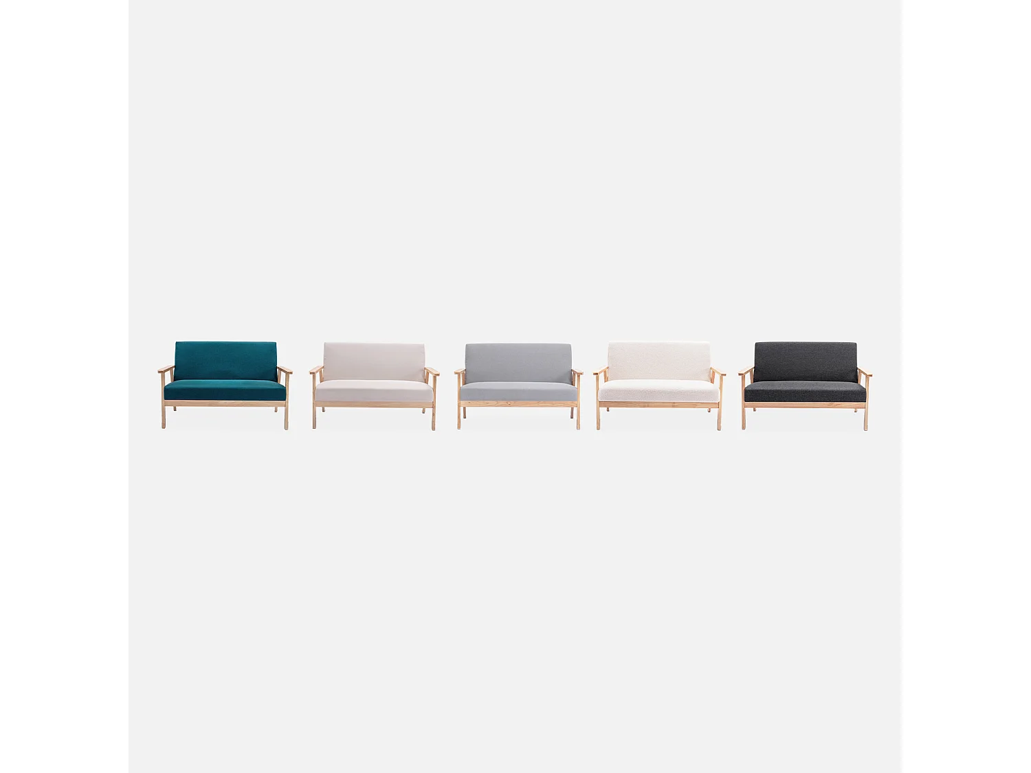 Banquette canapé en bois et tissu bleu pétrole. Isak. L 114 x P 69.5 x H 73cm