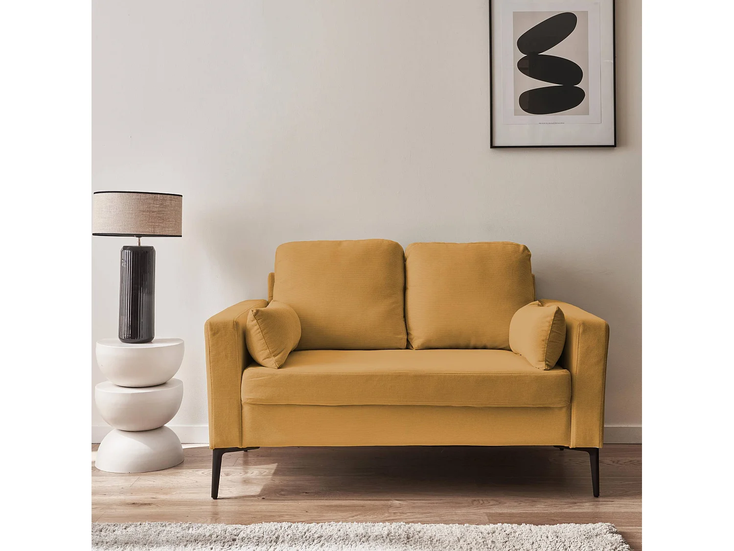 Canapé en velours côtelé ocre - Bjorn - Canapé 2 places fixe droit pieds métal