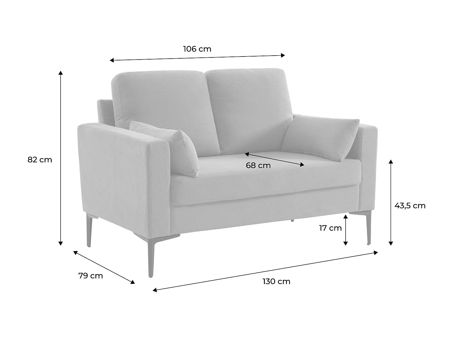 Sofá de pana con patas de metal de 2 plazas gris claro