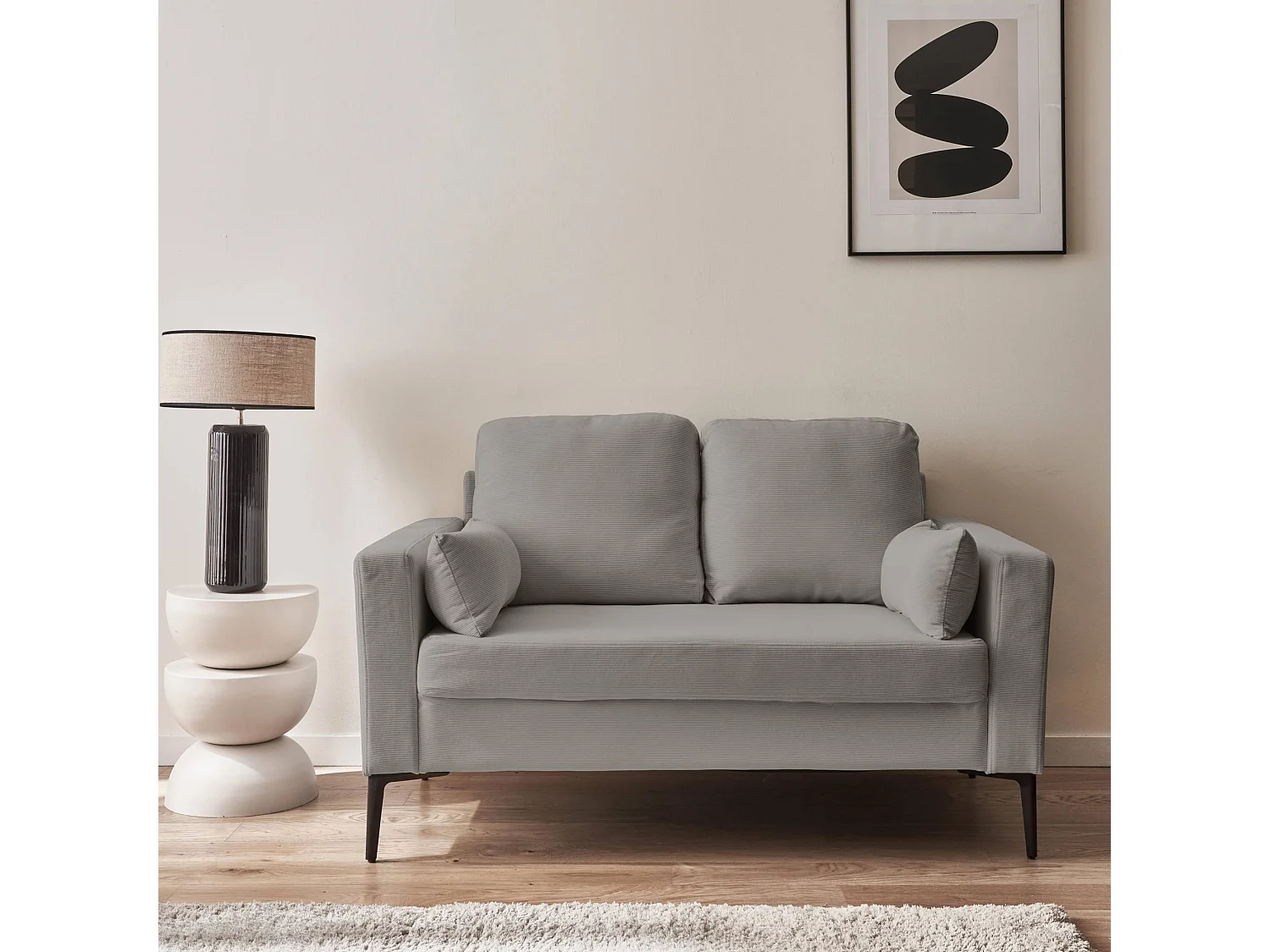 Canapé en velours côtelé gris clair - Bjorn - Canapé 2 places fixe droit pieds métal
